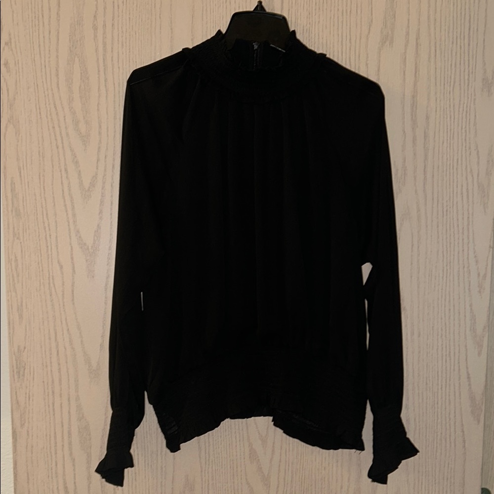 Ann Taylor Black Pleated Ruffled Long Sleeve Blouse